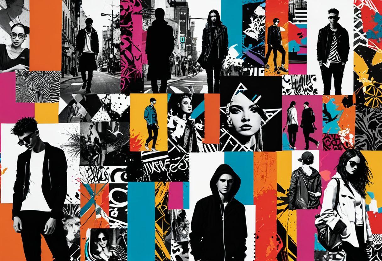 A dynamic collage of alternative art movements, showcasing bold colors, contrasting textures, and edgy designs. Incorporate graffiti elements, digital art, and street fashion, with figures embodying individualism and creativity. The background features abstract patterns and urban landscapes, symbolizing contemporary culture's vibrancy. Emphasize diverse styles and expression, capturing the essence of edgy aesthetics. vibrant colors. graphic collage. urban style. digital art.