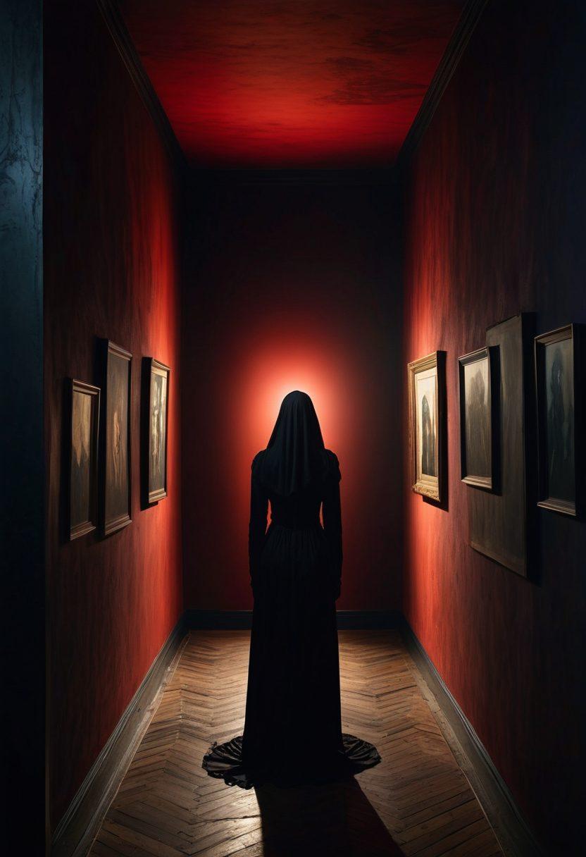 A dark and atmospheric gallery filled with captivating macabre art, featuring haunting sculptures and eerie paintings. Shadows dance across the walls, while an enigmatic figure observes the art, draped in a cloak. The color palette includes deep blacks, muted reds, and haunting blues, evoking a sense of mystery. Flickering candlelight casts flickering patterns, enhancing the allure of the unknown. surrealistic. dark tones. moody lighting.