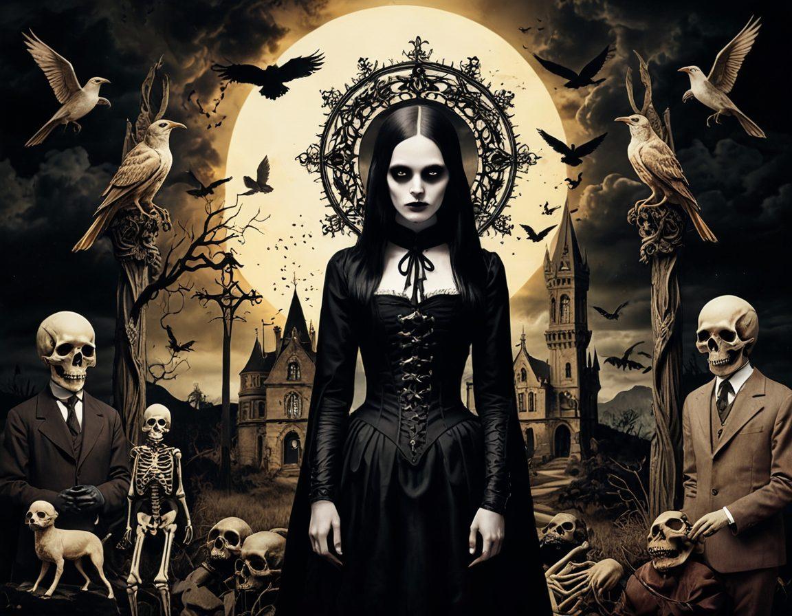 A hauntingly beautiful collage depicting various styles of macabre art evolving through time, featuring tortured souls transforming into creative expressions. Integrate elements like dark, gothic motifs, surreal landscapes, and vivid colors merging with sepia-toned historical references. Include artists at work, emotions depicted through brush strokes, and a somber yet inspiring atmosphere. The background should gradually transition from shadowy to vibrant. surrealism. gothic. vibrant colors. dark tones.